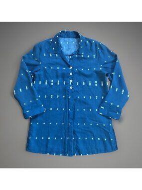 Fridaze Linen Redefined Printed Button Top Women’s XS Artsy Lagenlook Boho Navy